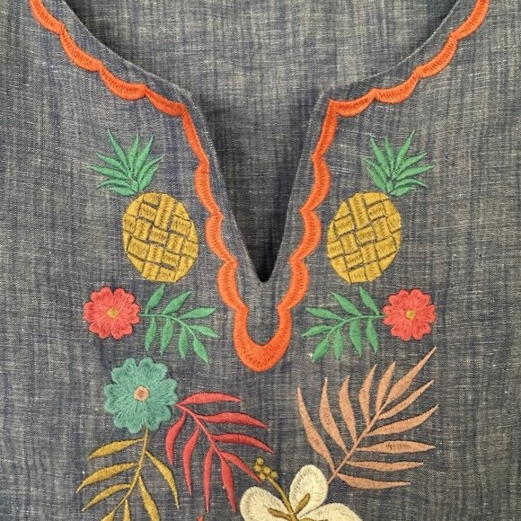 Talbots Embroidered Linen Cotton Split Neck Top Women 1X Floral Pineapple Beach - Picture 5 of 8